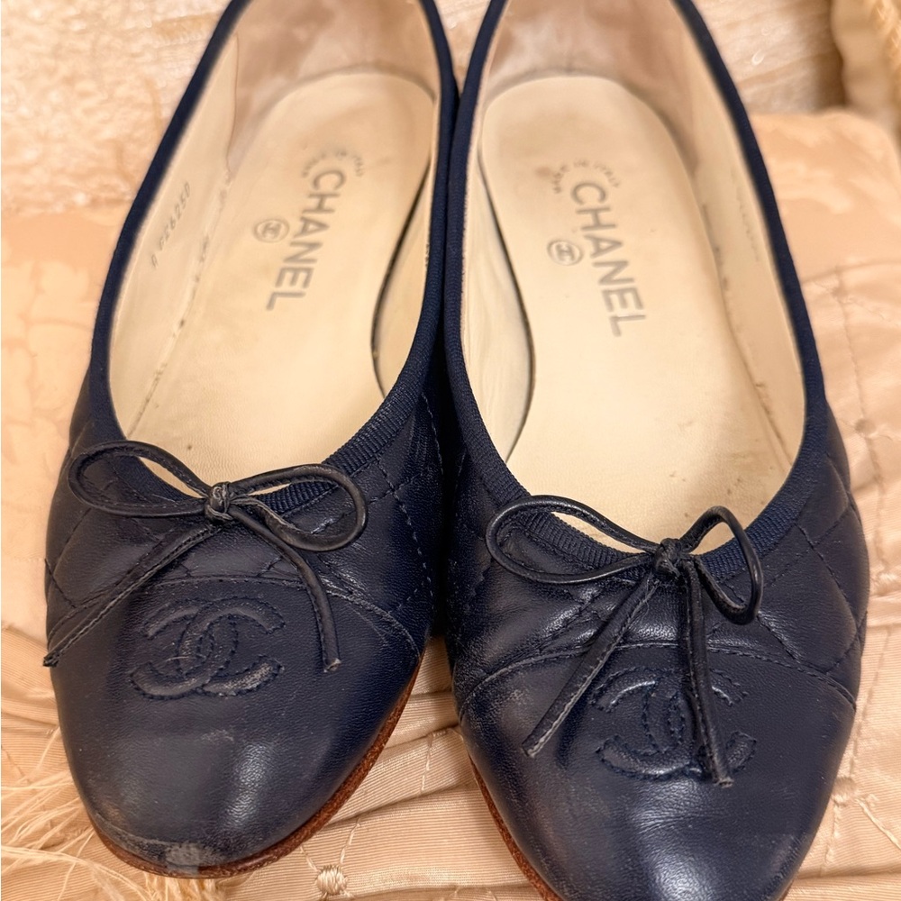 Chanel Dark Blue Quilted Flats with Bow